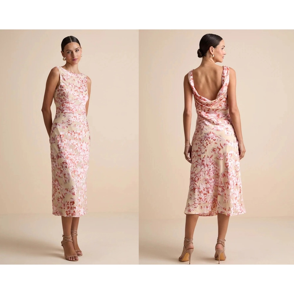 Lulus Tarice Beige Floral Jacquard Cowl Back Midi Dress Size XS